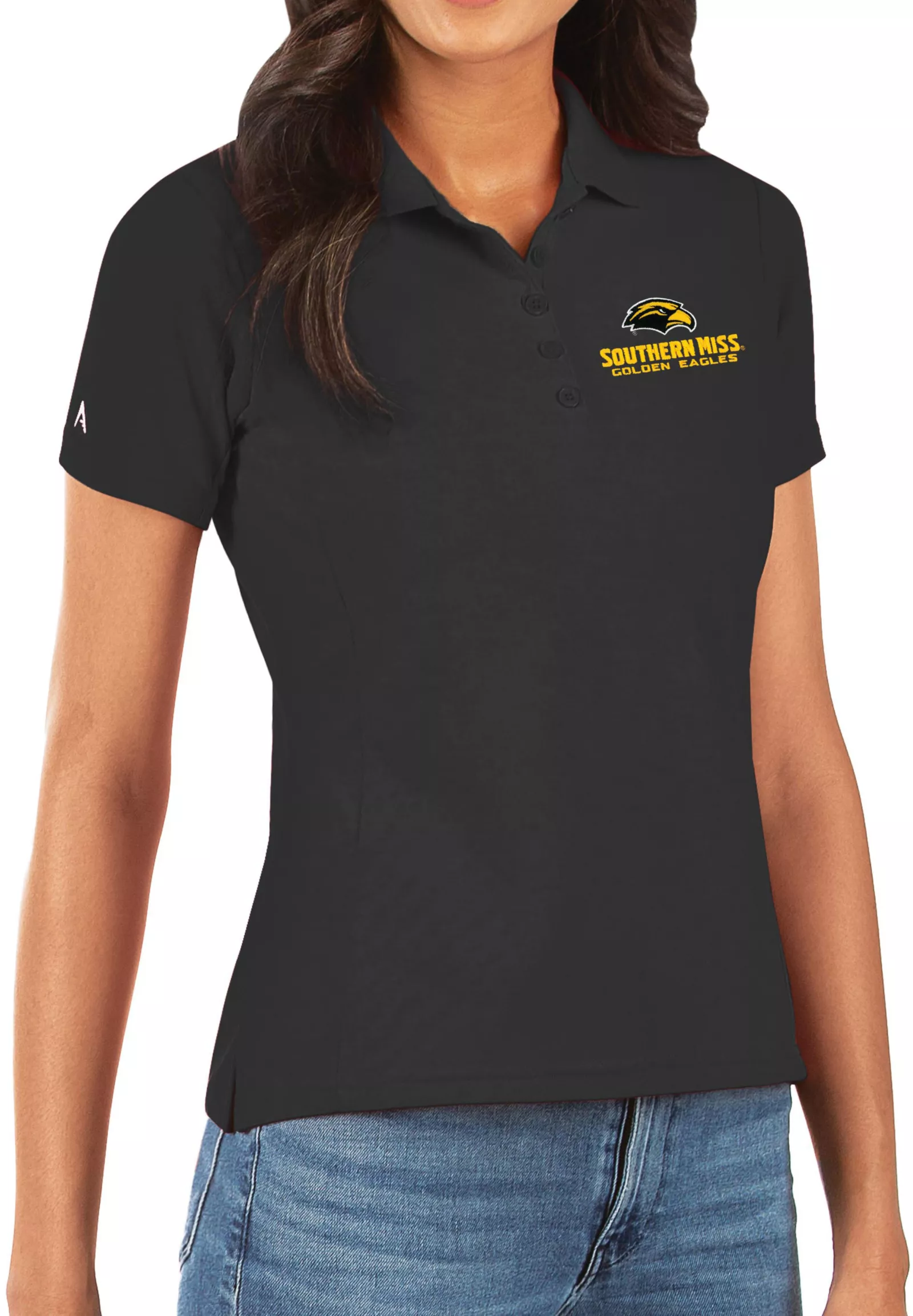 Antigua Women's Southern Miss Golden Eagles Legacy Pique Black Polo 1 Antigua Women's Southern Miss Golden Eagles Legacy Pique Black Polo