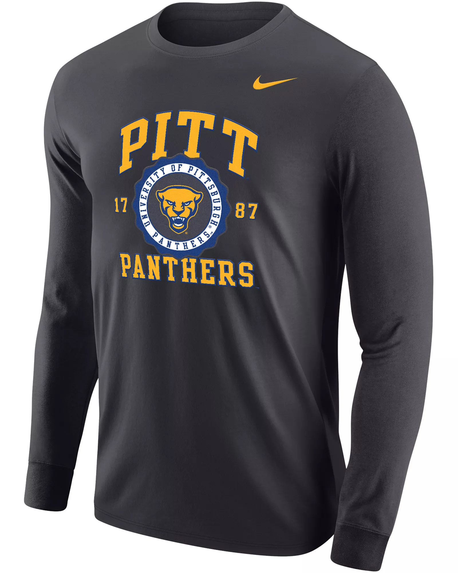 Nike Men's Pitt Panthers Grey Core Cotton School Seal Long Sleeve T-Shirt