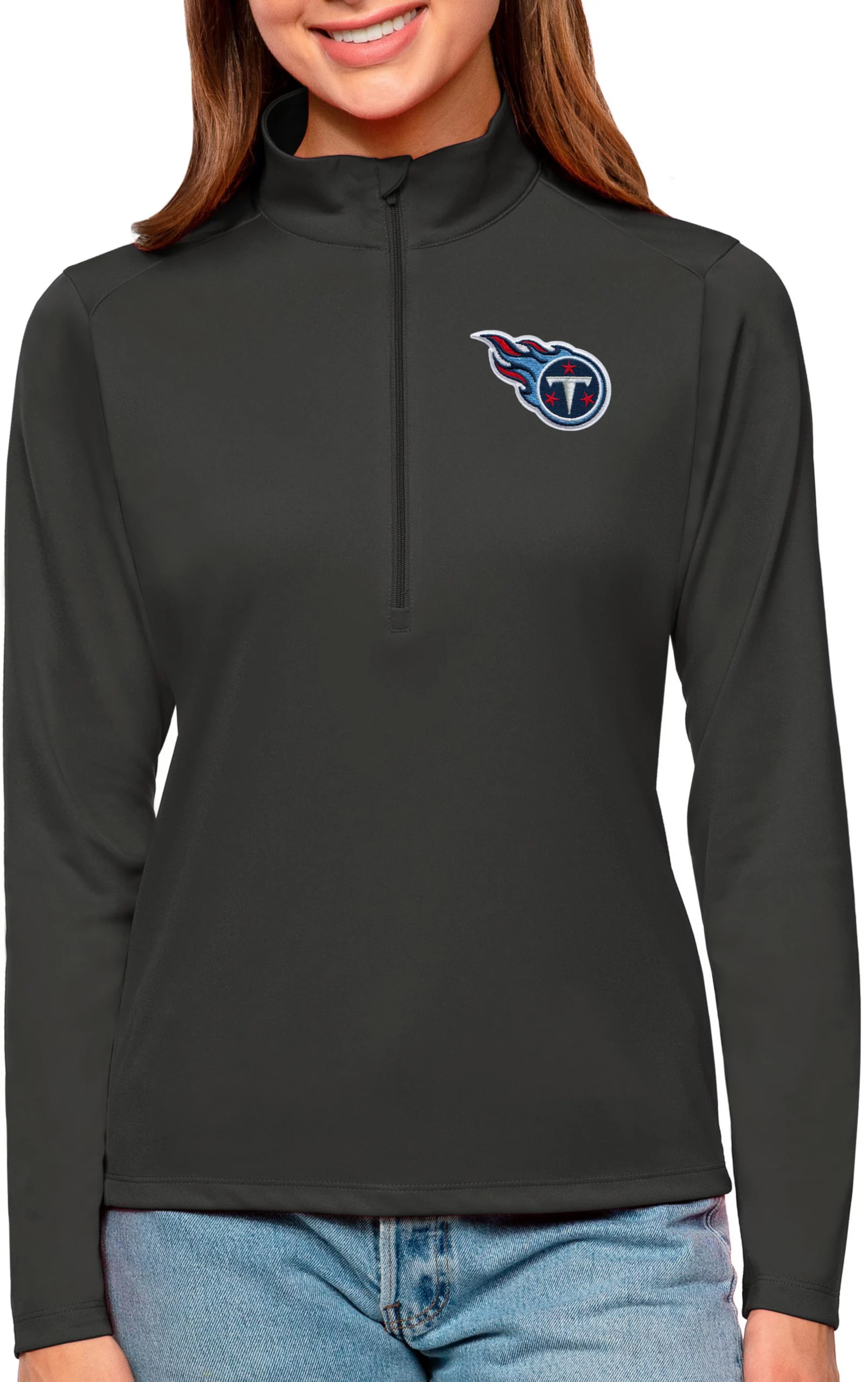 Antigua Women's Tennessee Titans Tribute Grey 1/4-Zip Pullover