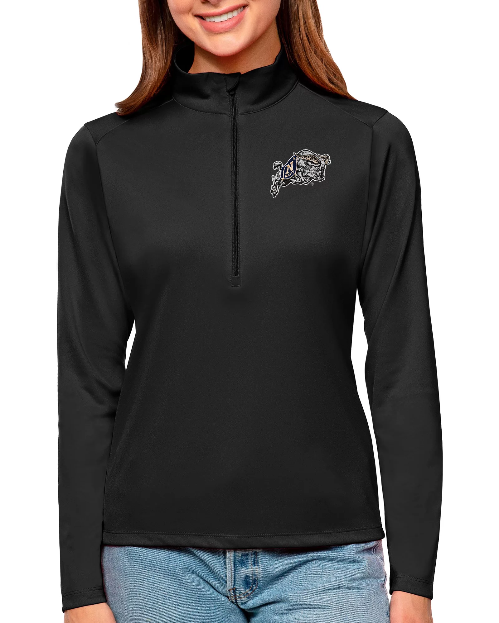 Antigua Women's Navy Midshipmen Black Tribute Quarter-Zip Shirt 1 Antigua Women's Navy Midshipmen Black Tribute Quarter-Zip Shirt
