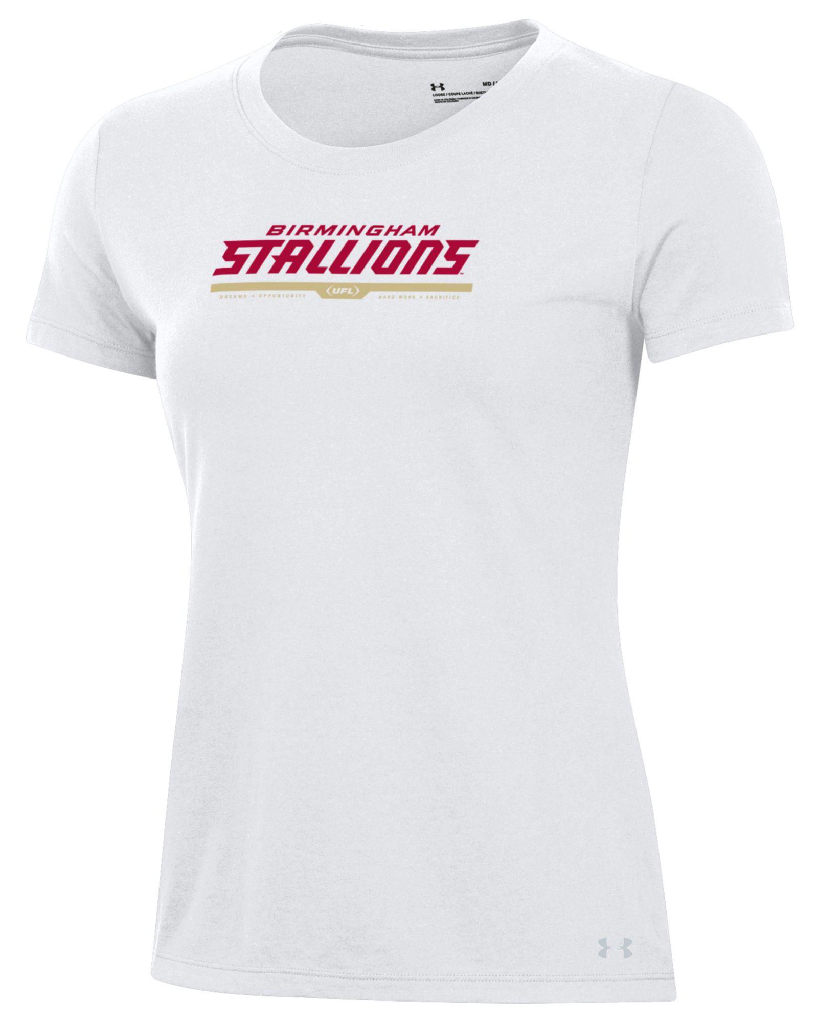 Under Armour Women's UFL Birmingham Stallions Wordmark Logo White T-Shirt