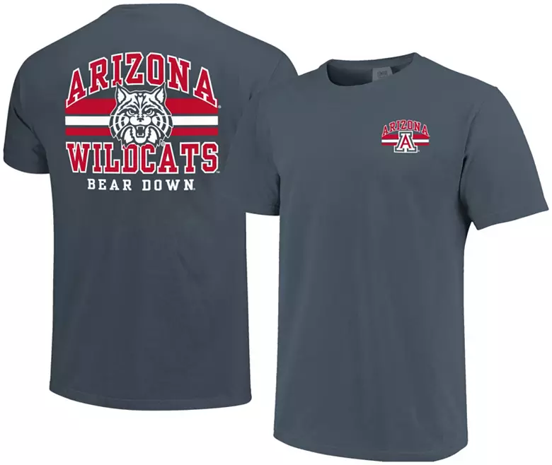 Image One Men's Arizona Wildcats Denim Mascot Arched Short Sleeve T-Shirt