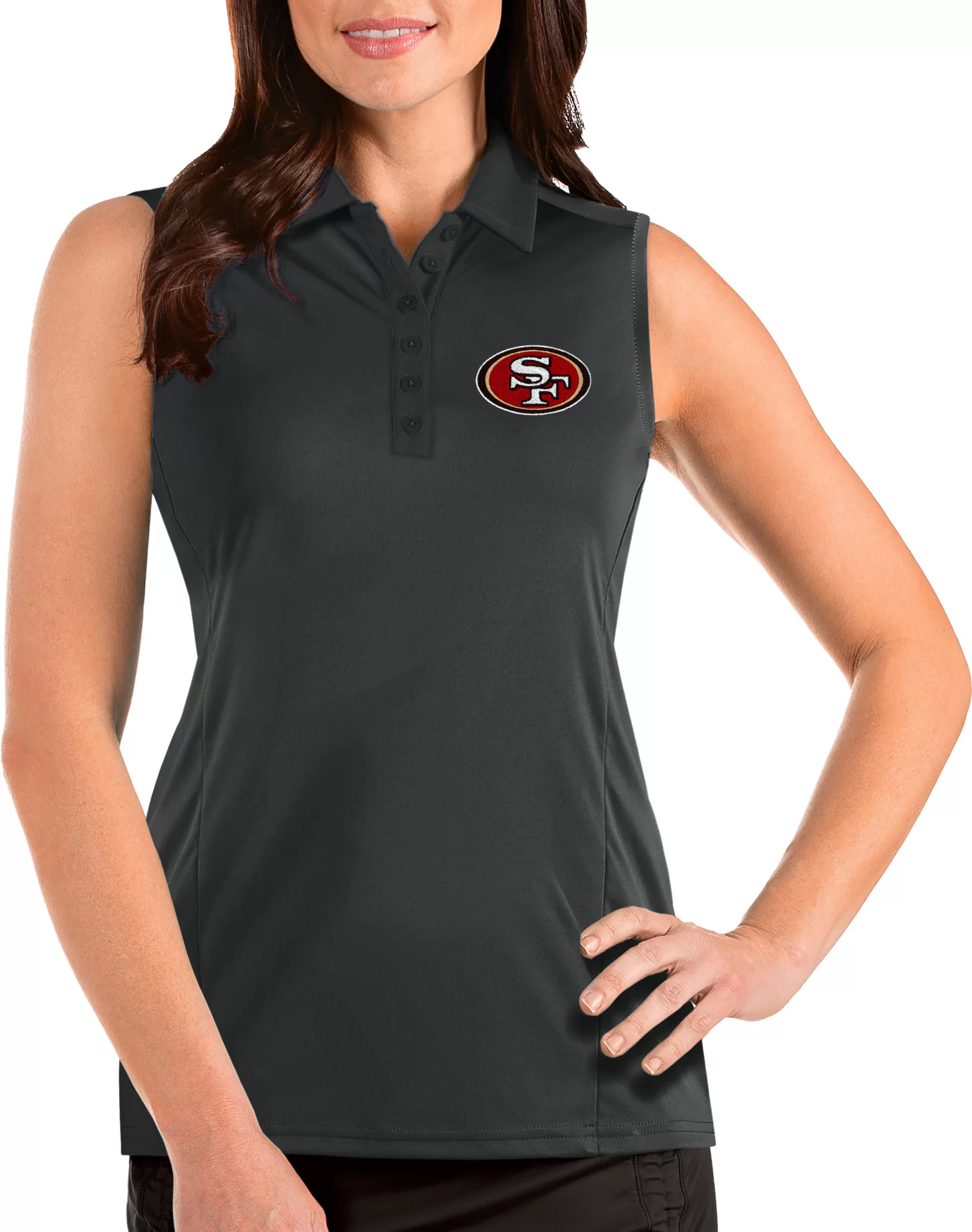 Antigua Women's San Francisco 49ers Tribute Sleeveless Grey Performance Polo 1 Antigua Women's San Francisco 49ers Tribute Sleeveless Grey Performance Polo