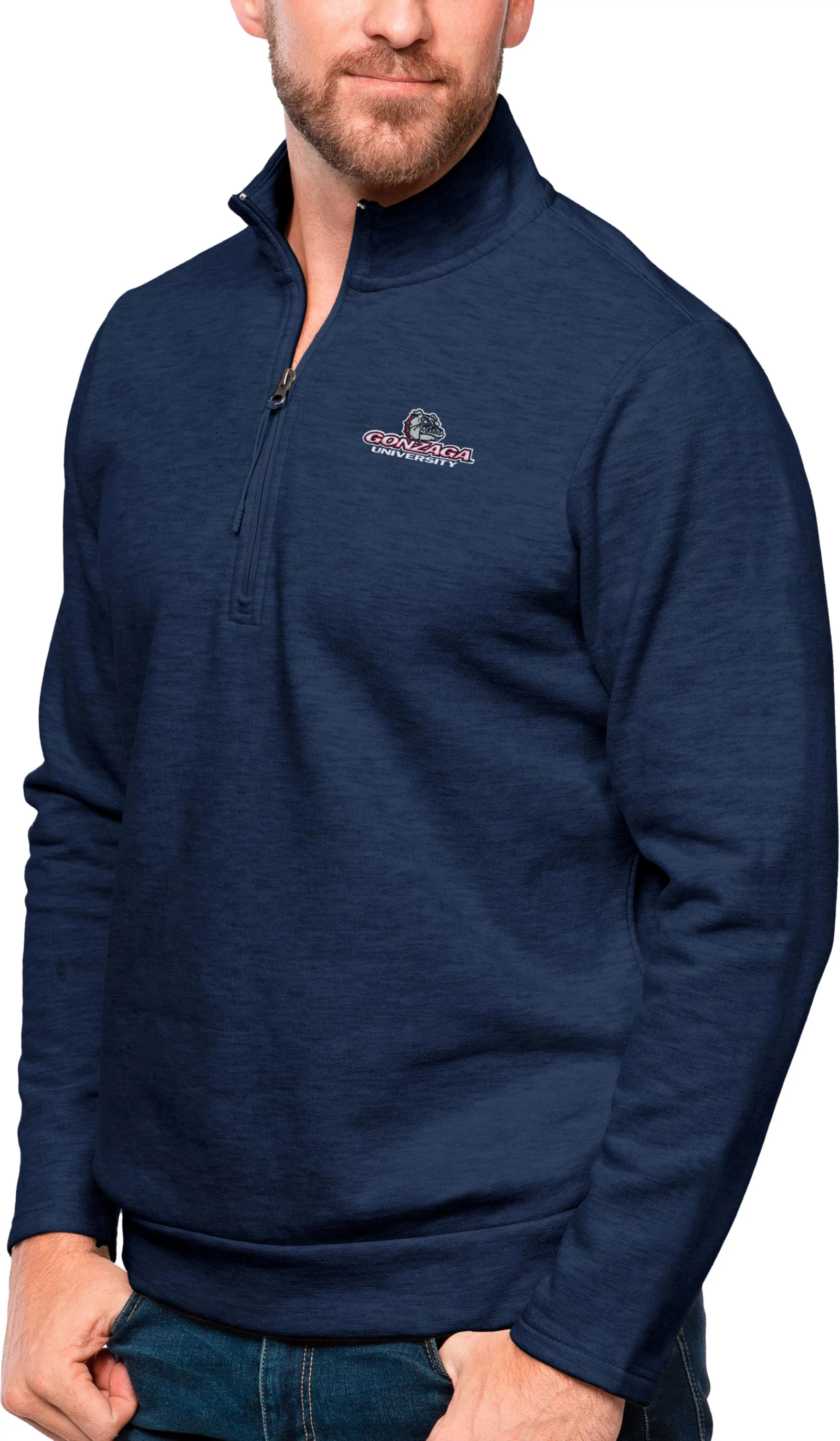 Antigua Men's Gonzaga Bulldogs Navy Heather Gambit 1/4 Zip Jacket 1 Antigua Men's Gonzaga Bulldogs Navy Heather Gambit 1/4 Zip Jacket